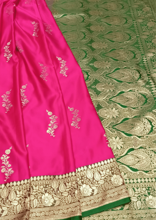 Pink Banarasi Silk Saree with Green Zari Border and Floral Motifs – The Saree Shop