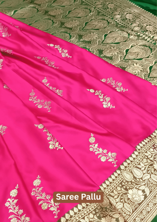 Pink Banarasi Silk Saree with Green Zari Border and Floral Motifs – The Saree Shop