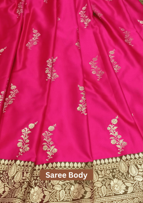 Pink Banarasi Silk Saree with Green Zari Border and Floral Motifs – The Saree Shop