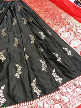 Black Banarasi Silk Saree with Red Border and Golden Zari Work