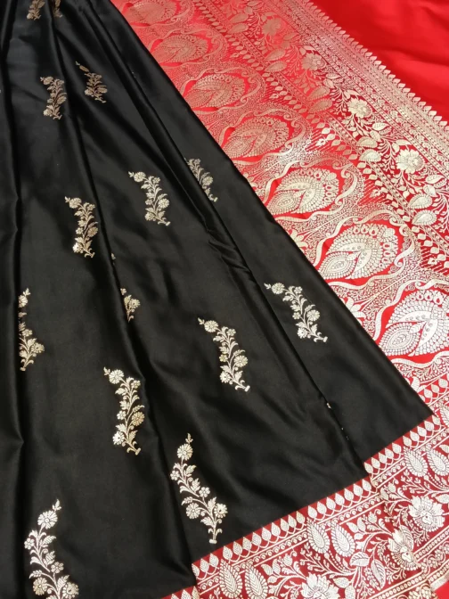 Black Banarasi Silk Saree with Red Border and Golden Zari Work