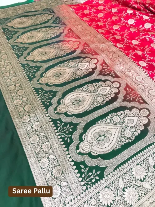 Red & Green Satin Silk Banarasi Saree with Silver Zari