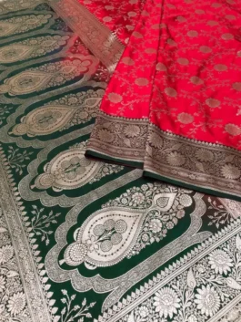 Red & Green Satin Silk Banarasi Saree with Silver Zari