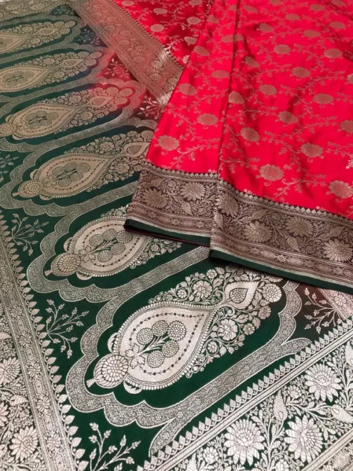 Red & Green Satin Silk Banarasi Saree with Silver Zari