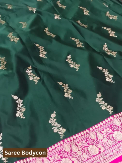 Green & Pink Satin Silk Banarasi Saree with Golden Zari