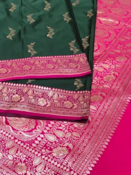 Green & Pink Satin Silk Banarasi Saree with Golden Zari
