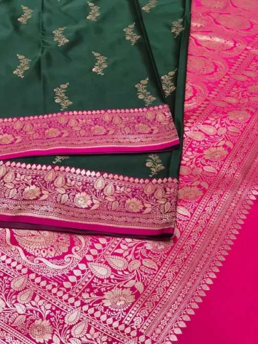 Green & Pink Satin Silk Banarasi Saree with Golden Zari