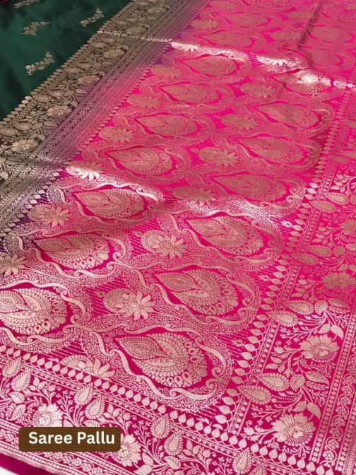 Green & Pink Satin Silk Banarasi Saree with Golden Zari