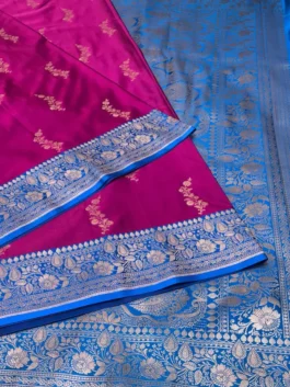 Rani Pink & Royal Blue Satin Banarasi Saree with Jal Work & Zari Weave