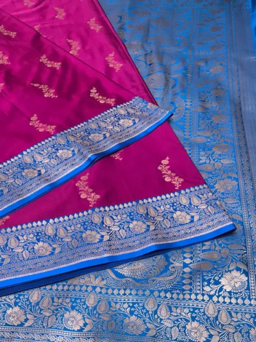 Rani Pink & Royal Blue Satin Banarasi Saree with Jal Work & Zari Weave