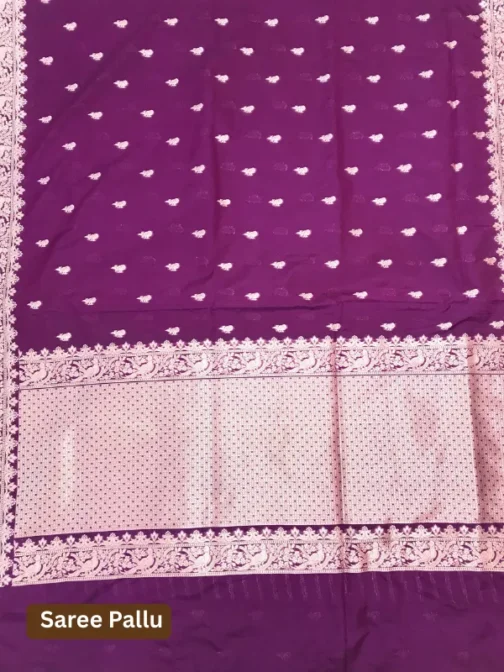 “Deep Purple Banarasi Silk Saree with Golden Zari Border”