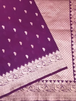 “Deep Purple Banarasi Silk Saree with Golden Zari Border”