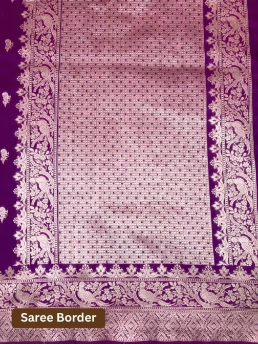 “Deep Purple Banarasi Silk Saree with Golden Zari Border”