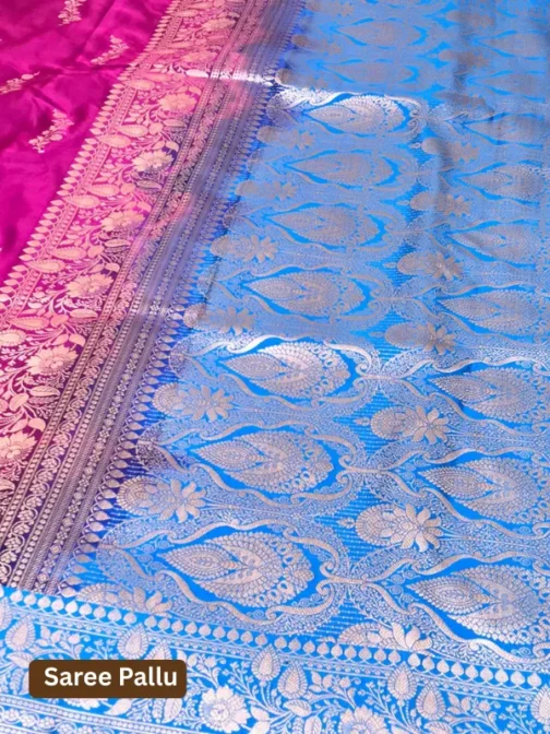 Rani Pink & Royal Blue Satin Banarasi Saree with Jal Work & Zari Weave