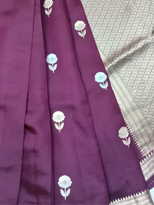 Deep Plum Banarasi Saree in 100% Pure Silk