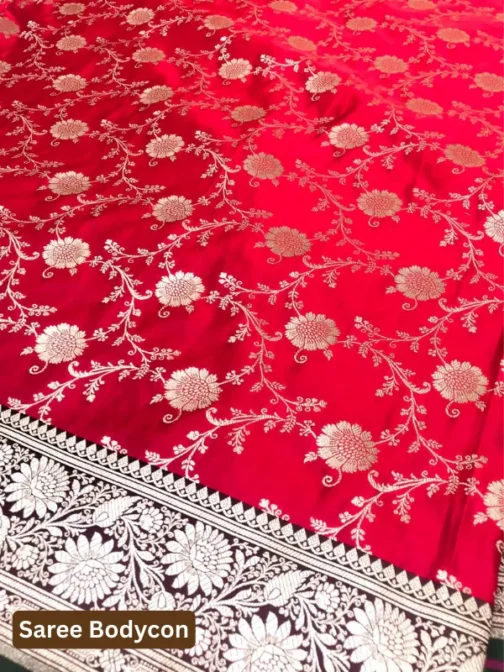 Red & Green Satin Silk Banarasi Saree with Silver Zari