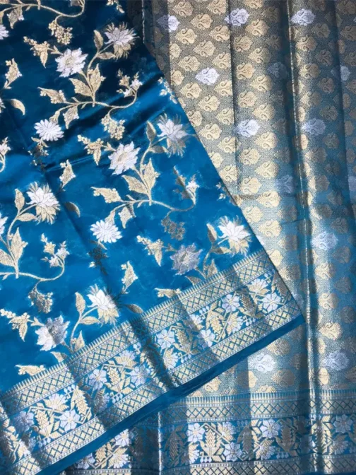 Peacock Blue Silk Saree with Zari Border | Royal Festive & Wedding Wear Saree