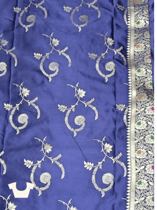 Royal Blue Satin Banarasi Meenakari Saree with Silver Zari Paisley and Colorful Floral Border