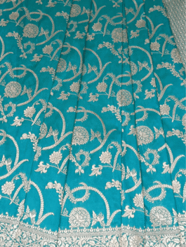 Firozi Banarasi Silk Saree with Silver Zari Floral Jaal