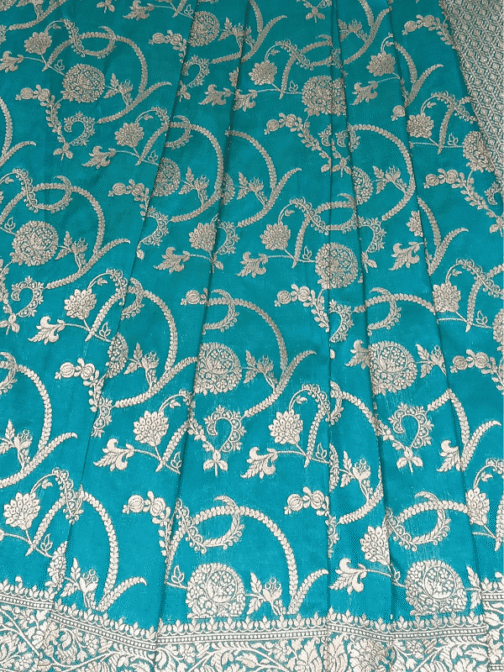 Firozi Banarasi Silk Saree with Silver Zari Floral Jaal