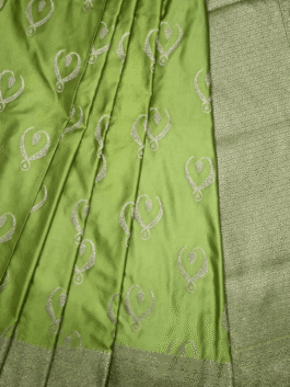 Olive Green Banarasi Satin Silk Saree with Silver Zari Work
