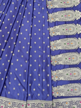 Royal Blue Satin Banarasi Meenakari Saree with Silver Zari Paisley and Colorful Floral Border