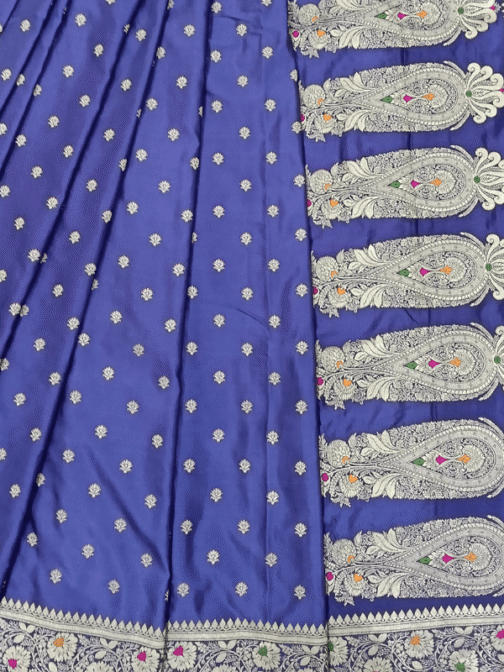 Royal Blue Satin Banarasi Meenakari Saree with Silver Zari Paisley and Colorful Floral Border