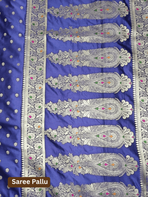 Royal Blue Satin Banarasi Meenakari Saree with Silver Zari Paisley and Colorful Floral Border