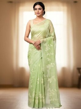 Light Green Floral Embroidered Organza Kora Silk Saree | Elegant Partywear Saree