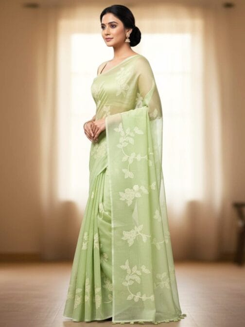 Light Green Floral Embroidered Organza Kora Silk Saree | Elegant Partywear Saree - Image 2