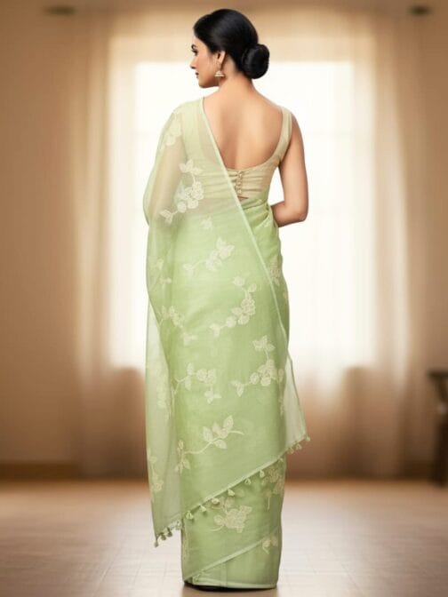 Light Green Floral Embroidered Organza Kora Silk Saree | Elegant Partywear Saree - Image 3
