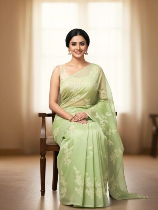 Light Green Floral Embroidered Organza Kora Silk Saree | Elegant Partywear Saree - Image 4