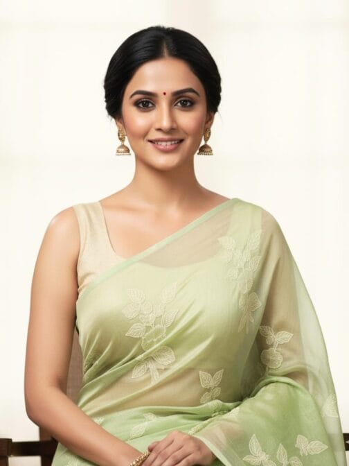 Light Green Floral Embroidered Organza Kora Silk Saree | Elegant Partywear Saree - Image 5